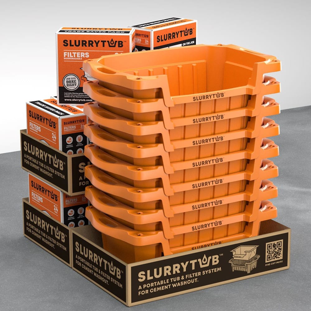 Product display of slurrytub with tubs stacked and boxes of filters arranged behind.